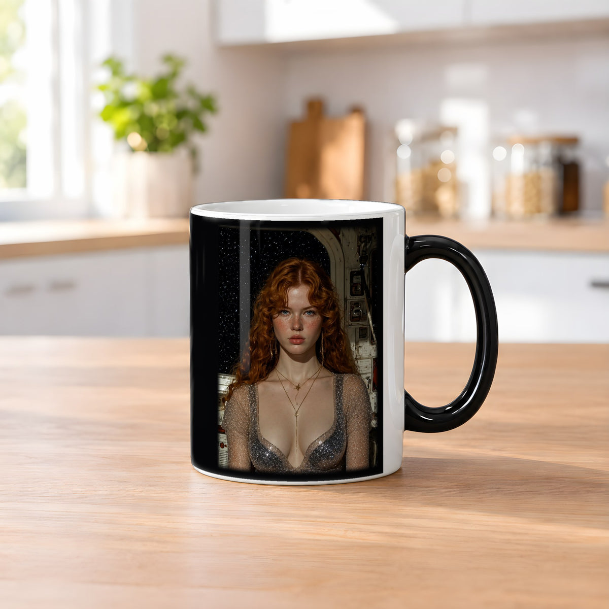 Sternenbrand – Black Edition Zaubertasse mit Motiv (heiß), auf dem Küchentresen