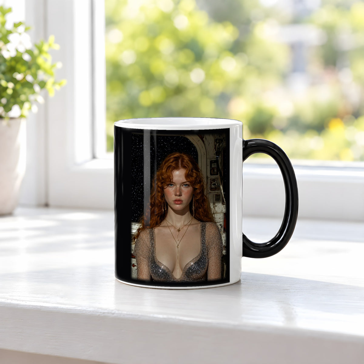Sternenbrand – Black Edition Zaubertasse mit Motiv (heiß), auf der Fensterbank