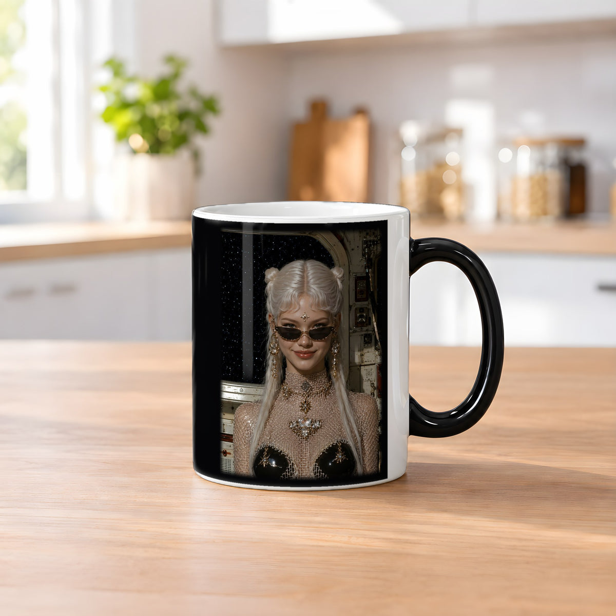 Frostfeuer – Black Edition Zaubertasse mit Motiv (heiß), auf dem Küchentresen