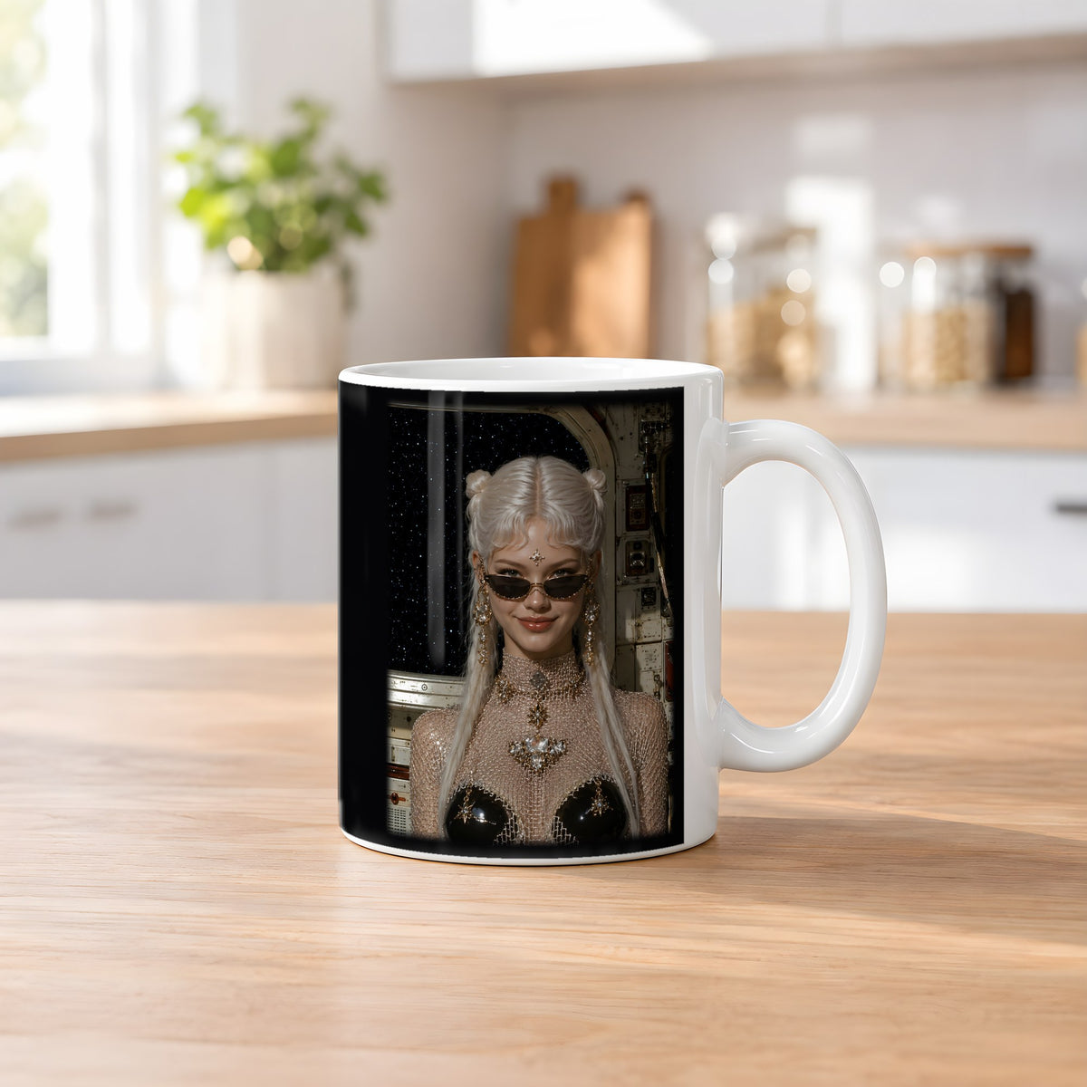 Frostfeuer – weiße Tasse, auf dem Küchentresen