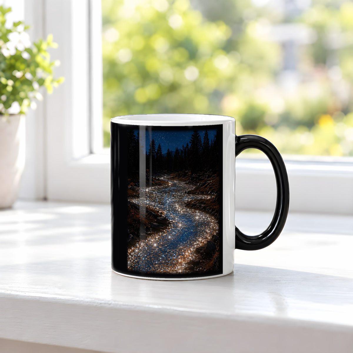Sternenader – Black Edition Zaubertasse mit Motiv (heiß), auf der Fensterbank