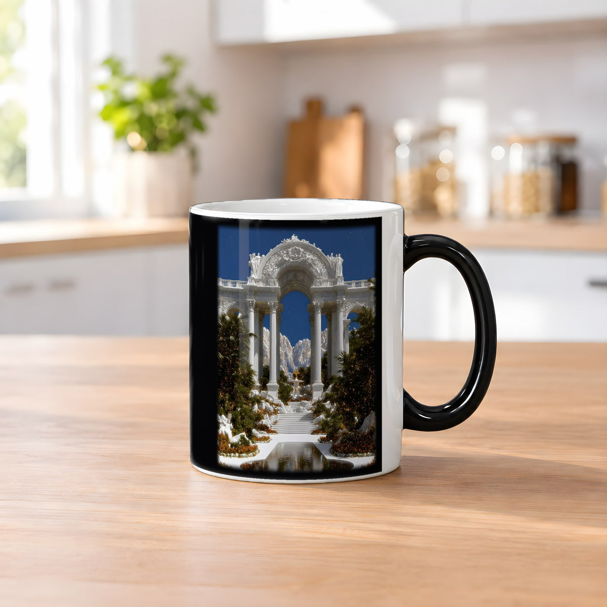 Lichtpalast – Black Edition Zaubertasse mit Motiv (heiß), auf dem Küchentresen