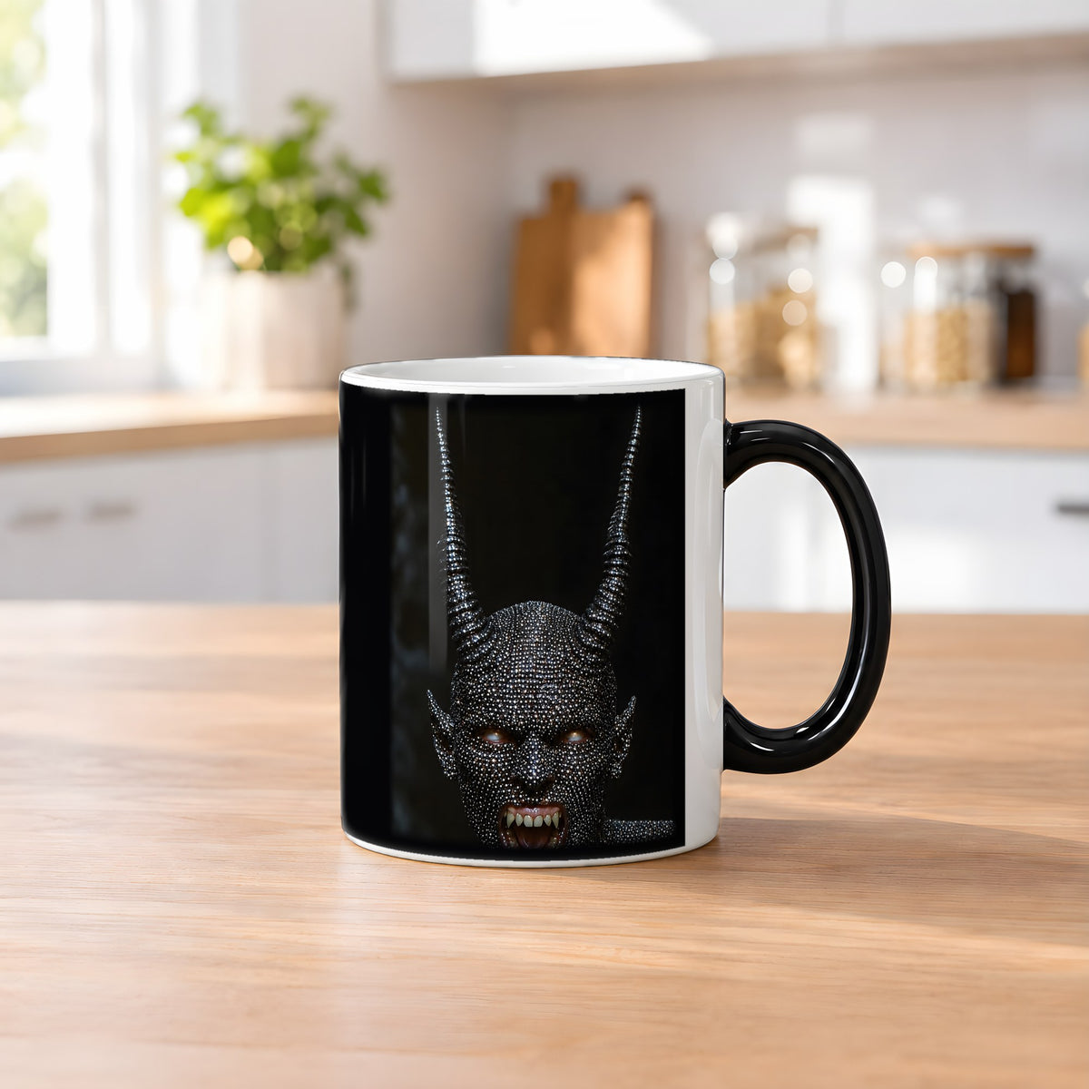 Höllenfürst – Black Edition Zaubertasse mit Motiv (heiß), auf dem Küchentresen