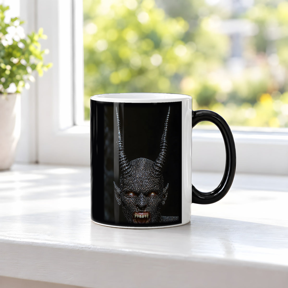Höllenfürst – Black Edition Zaubertasse mit Motiv (heiß), auf der Fensterbank