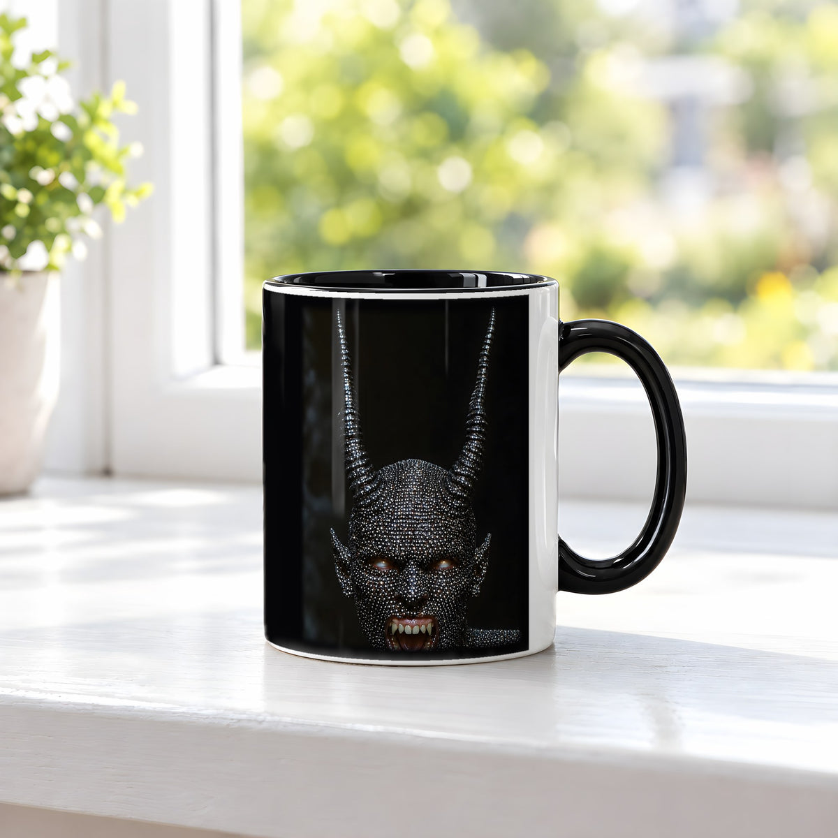 Höllenfürst – Tasse innen schwarz, auf der Fensterbank