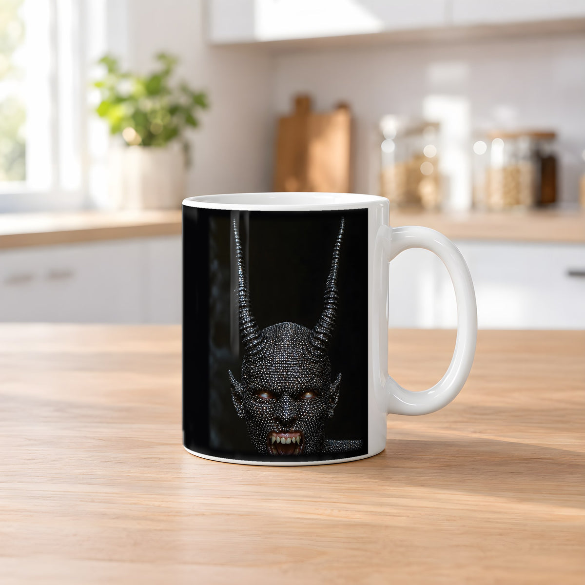 Höllenfürst – weiße Tasse, auf dem Küchentresen
