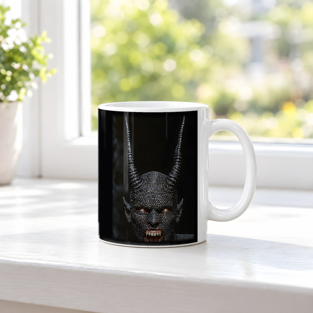 Höllenfürst – weiße Tasse, auf der Fensterbank