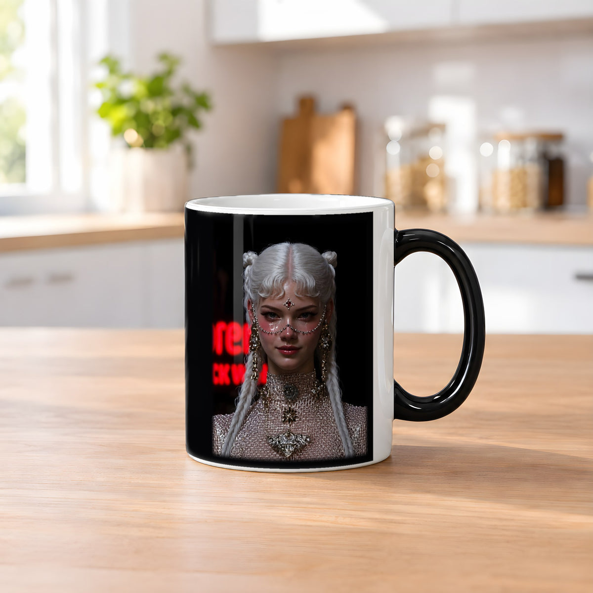 Blutrubin – Black Edition Zaubertasse mit Motiv (heiß), auf dem Küchentresen
