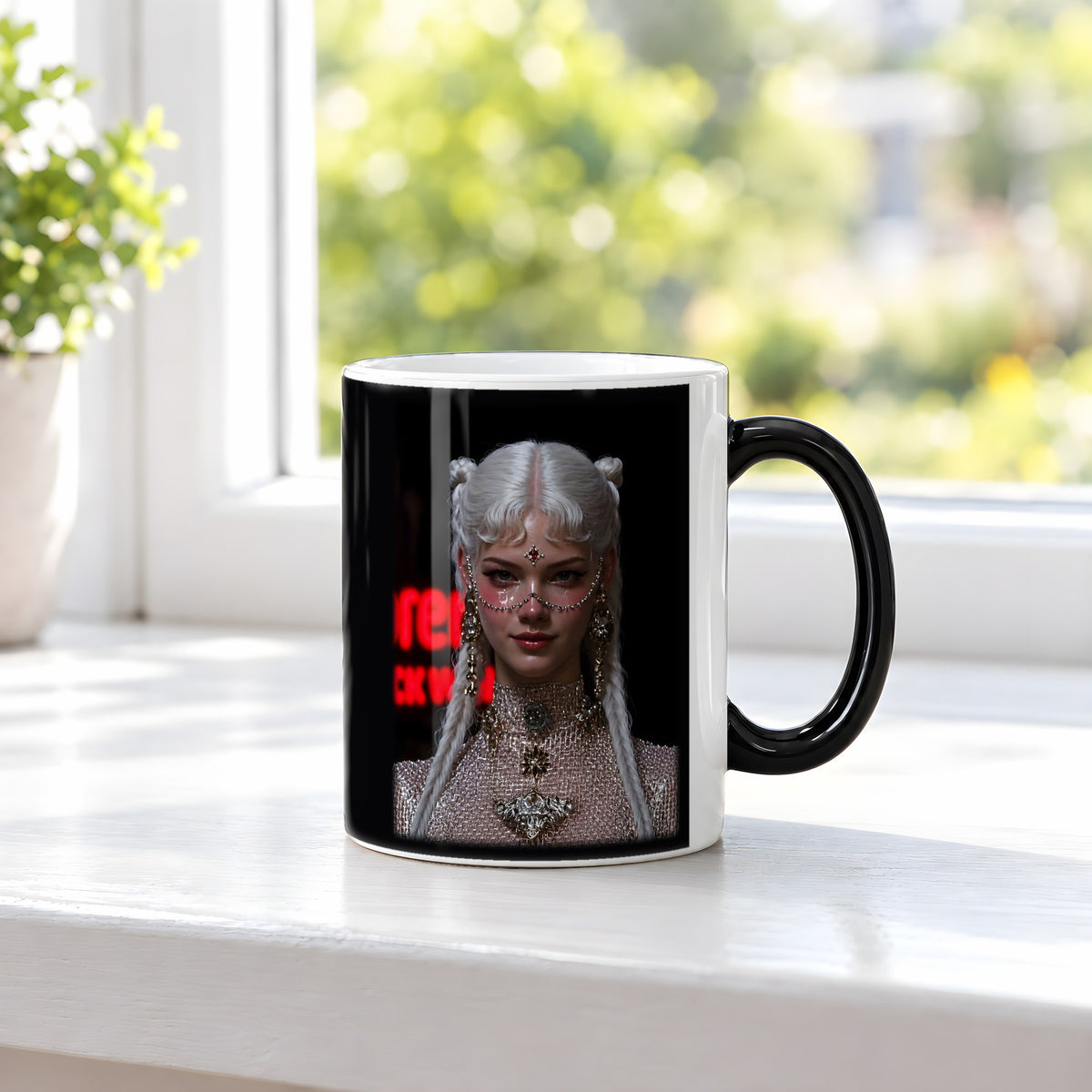 Blutrubin – Black Edition Zaubertasse mit Motiv (heiß), auf der Fensterbank