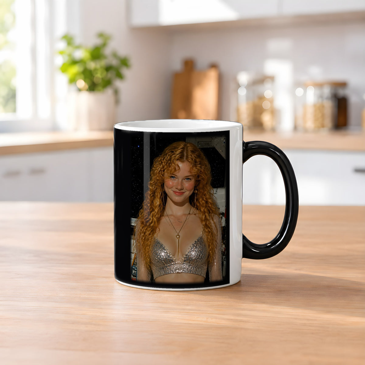 Silberrausch – Black Edition Zaubertasse mit Motiv (heiß), auf dem Küchentresen