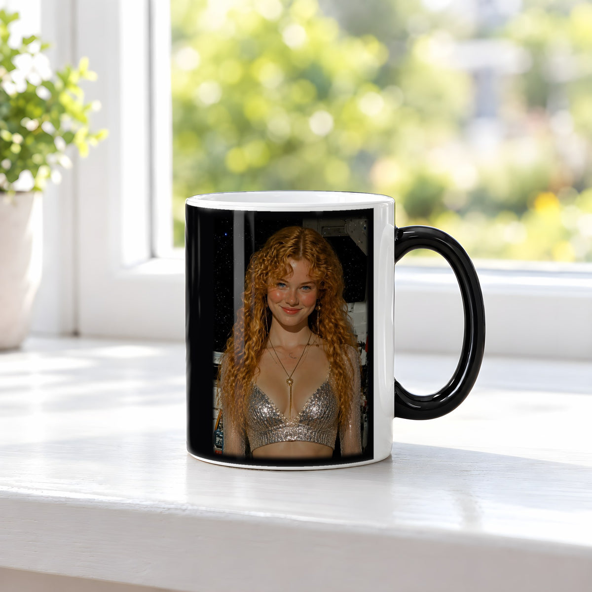 Silberrausch – Black Edition Zaubertasse mit Motiv (heiß), auf der Fensterbank