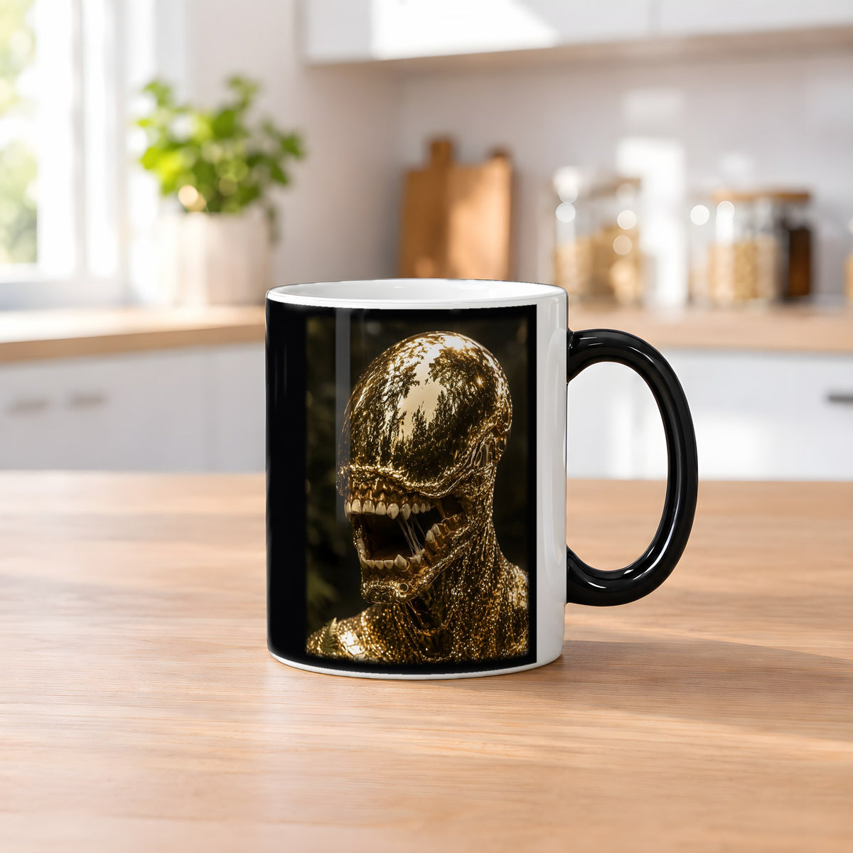 Goldbestie – Black Edition Zaubertasse mit Motiv (heiß), auf dem Küchentresen