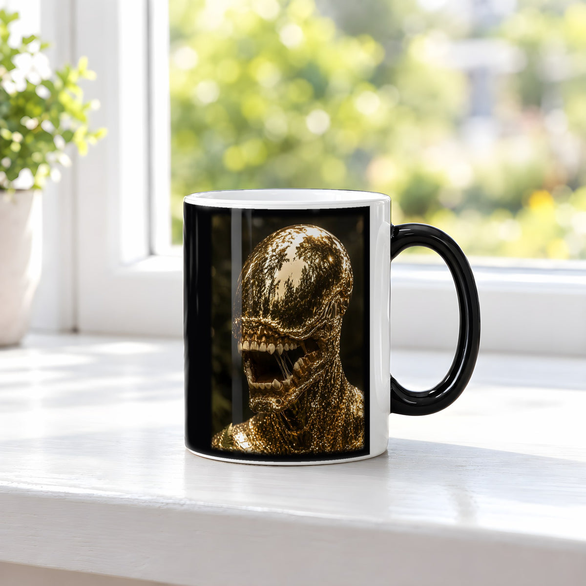 Goldbestie – Black Edition Zaubertasse mit Motiv (heiß), auf der Fensterbank