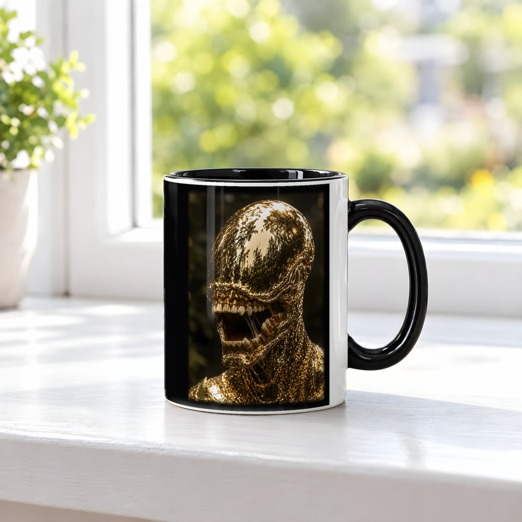 Goldbestie – Tasse innen schwarz, auf der Fensterbank