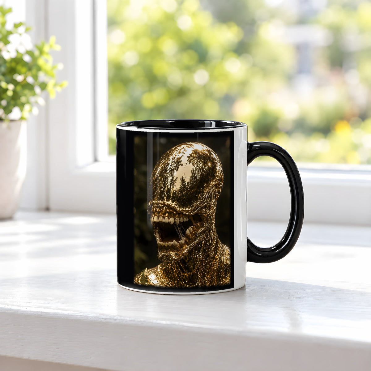Goldbestie – Tasse innen schwarz, auf der Fensterbank