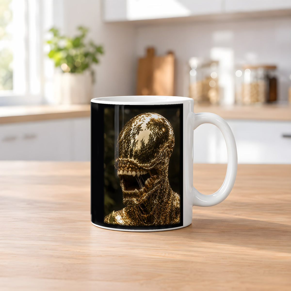Goldbestie – weiße Tasse, auf dem Küchentresen