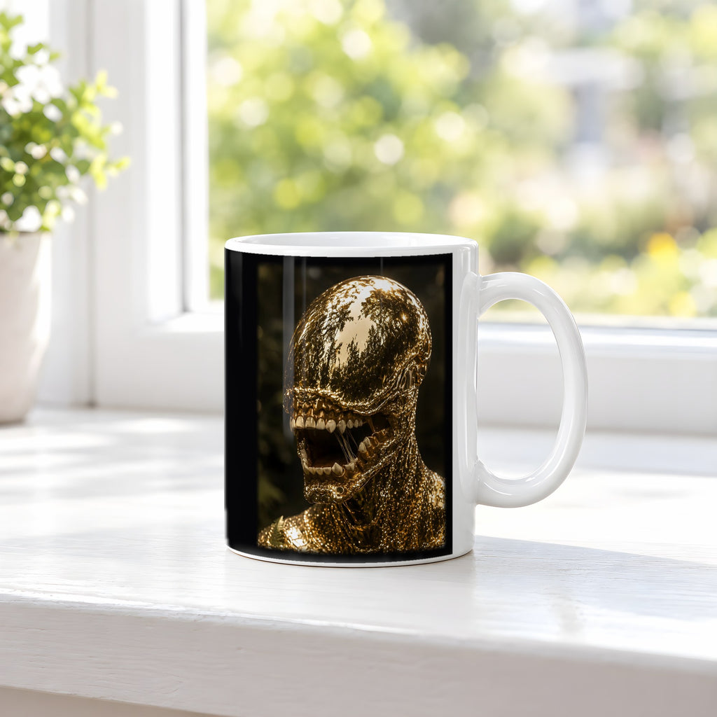 Goldbestie – weiße Tasse, auf der Fensterbank