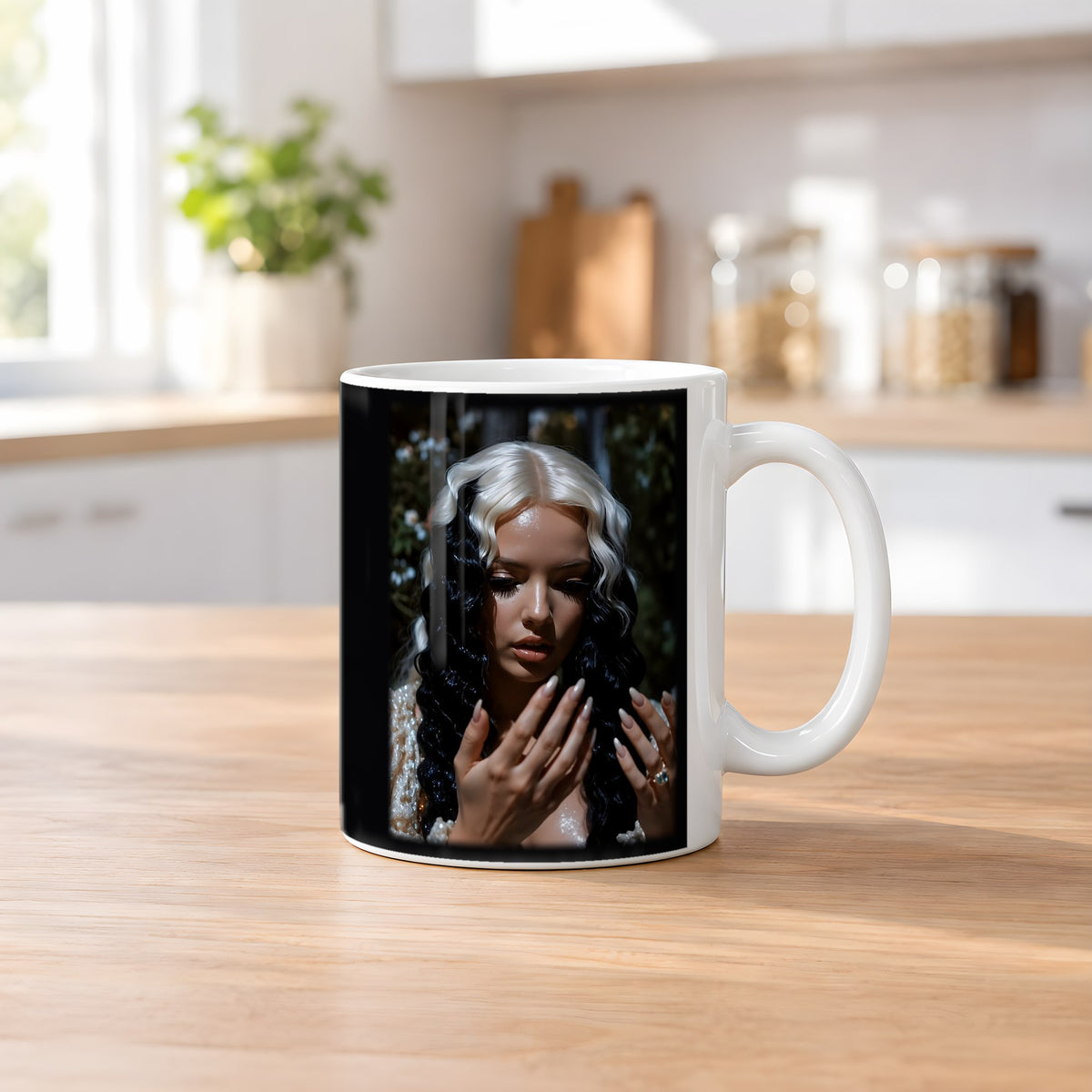 Nachtfürstin – weiße Tasse, auf dem Küchentresen