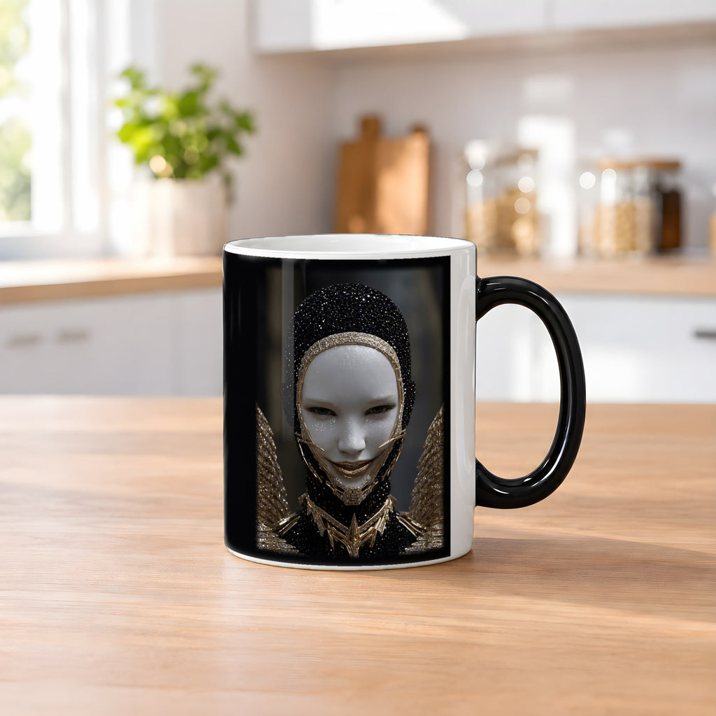 Obsidianengel – Black Edition Zaubertasse mit Motiv (heiß), auf dem Küchentresen