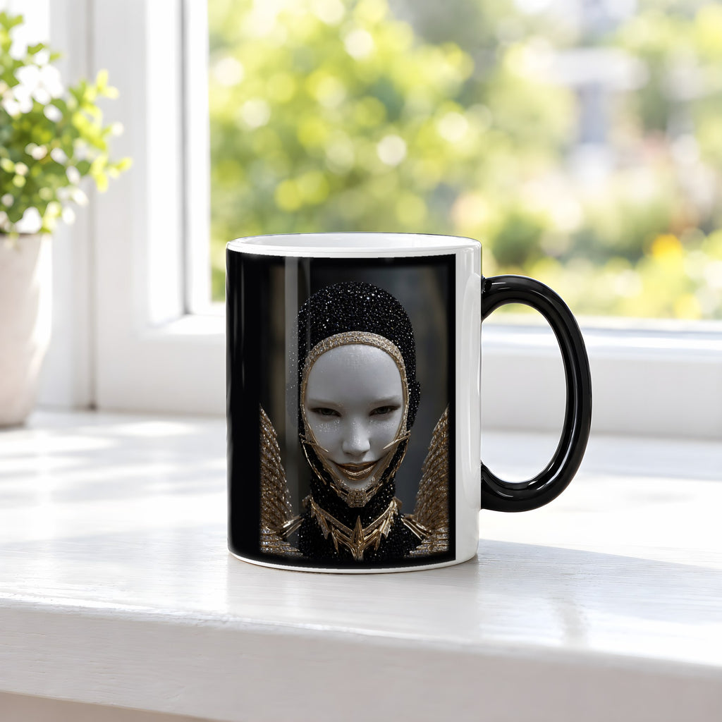 Obsidianengel – Black Edition Zaubertasse mit Motiv (heiß), auf der Fensterbank