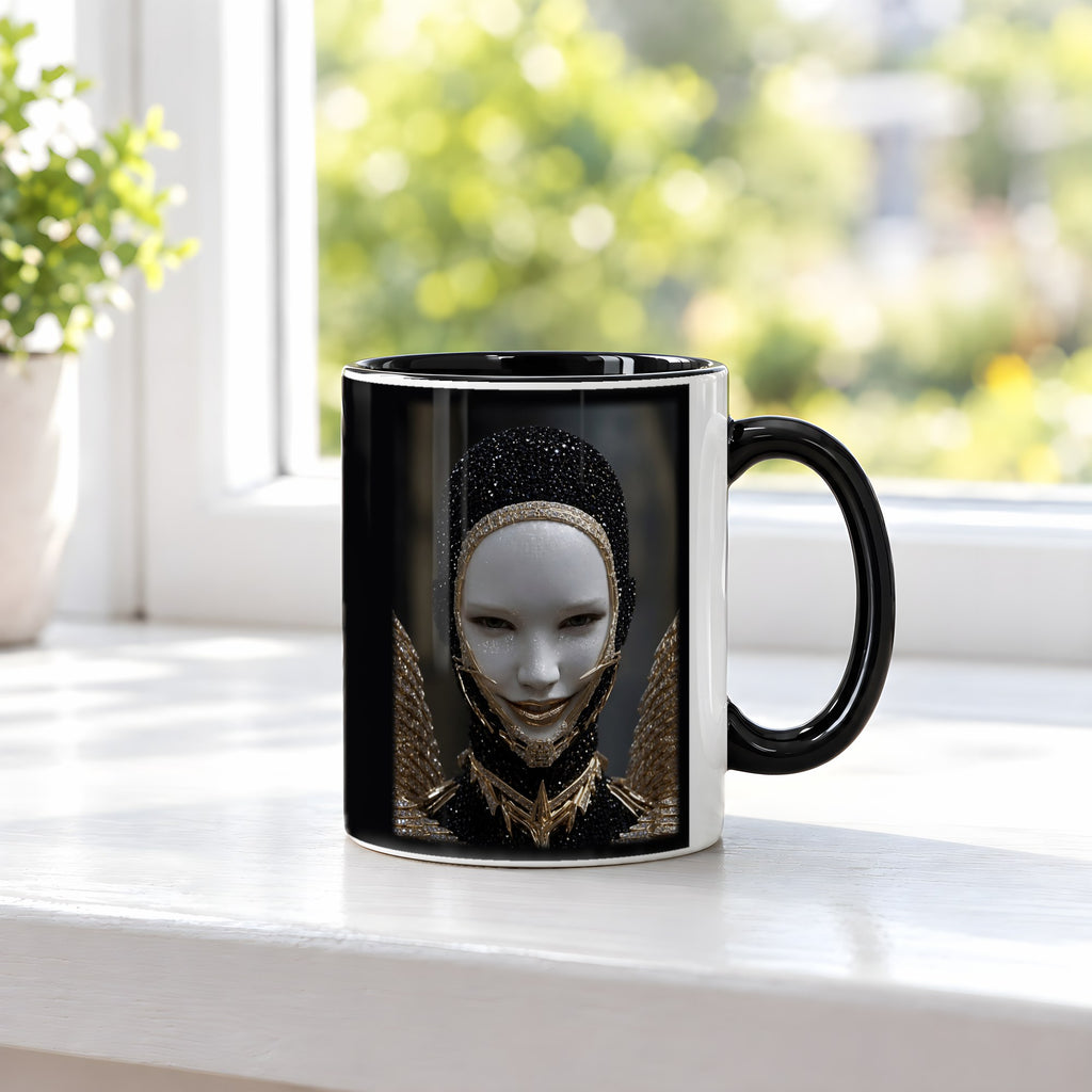 Obsidianengel – Tasse innen schwarz, auf der Fensterbank