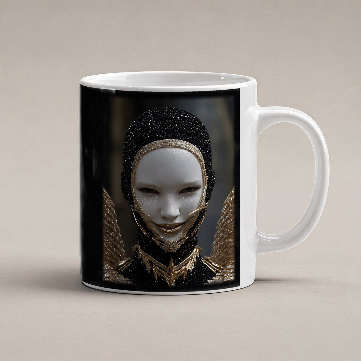 Obsidianengel – weiße Tasse, freigestellt