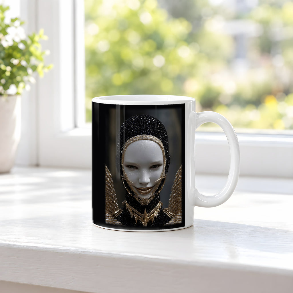 Obsidianengel – weiße Tasse, auf der Fensterbank