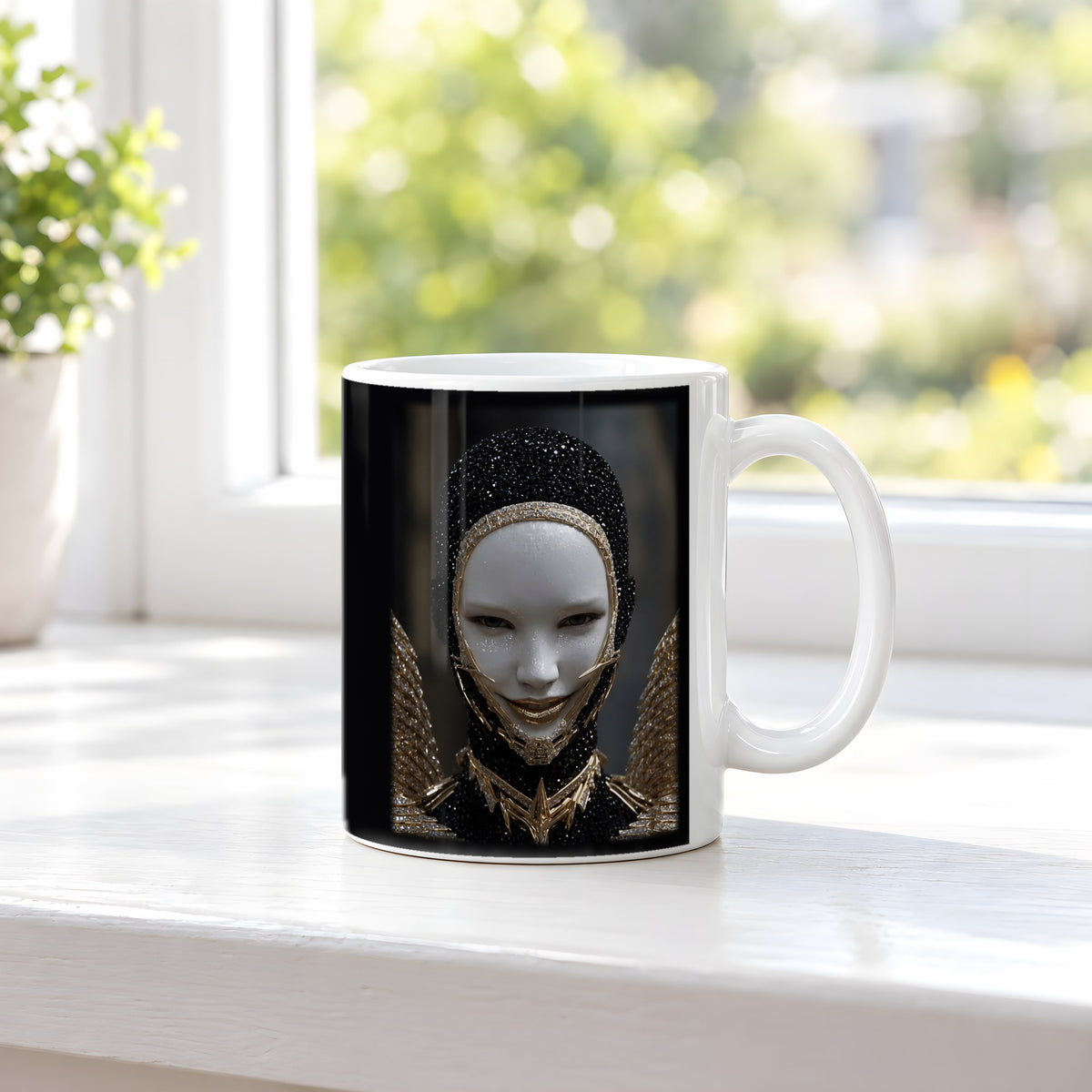 Obsidianengel – weiße Tasse, auf der Fensterbank