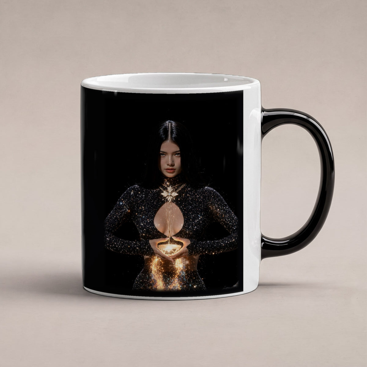 Lichtträgerin – Black Edition Zaubertasse mit Motiv (heiß), freigestellt