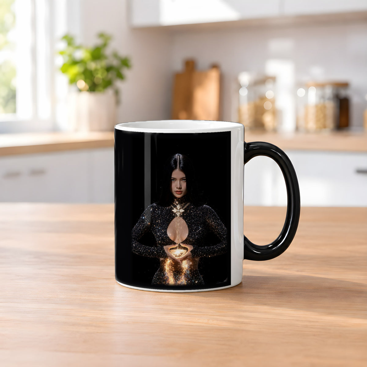 Lichtträgerin – Black Edition Zaubertasse mit Motiv (heiß), auf dem Küchentresen