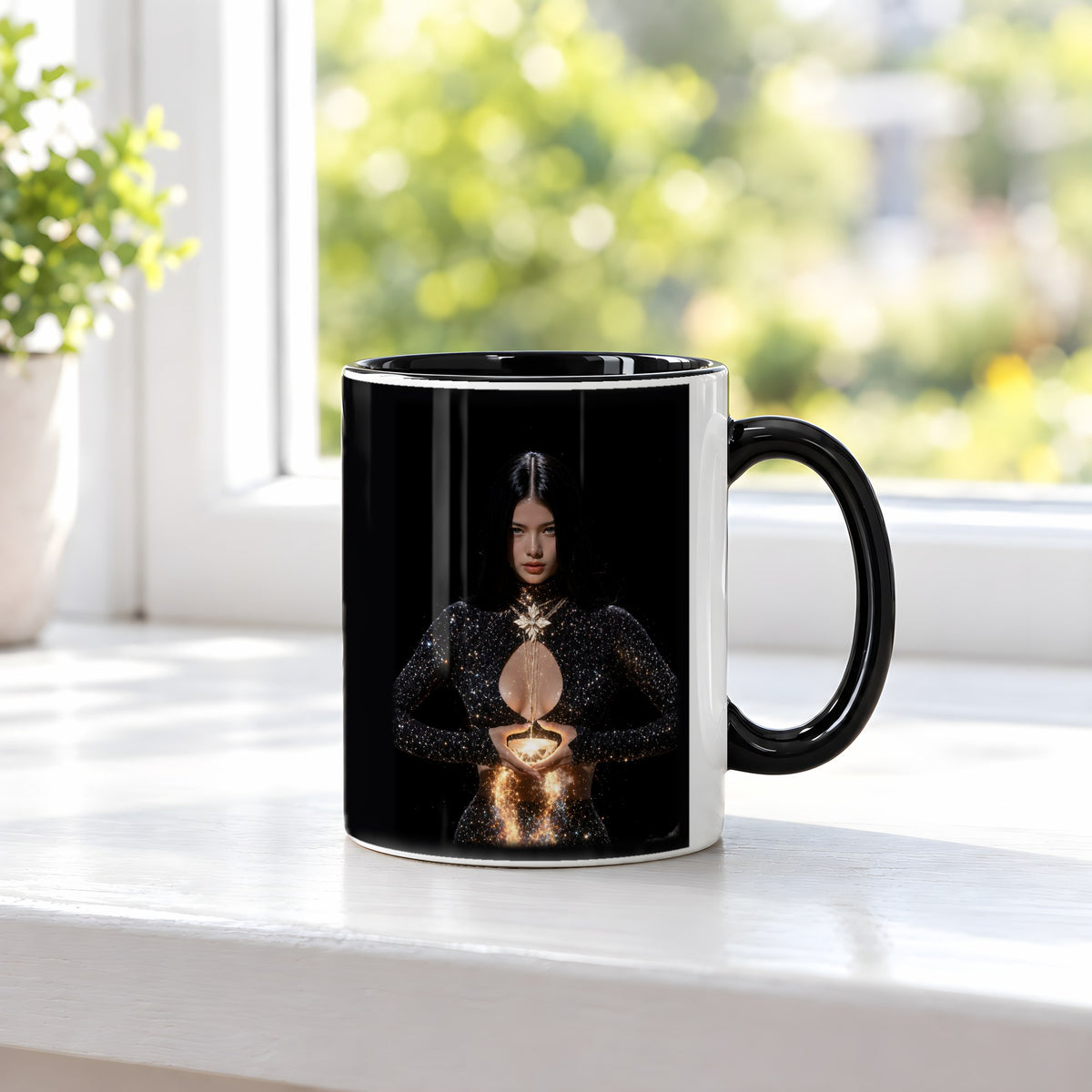 Lichtträgerin – Tasse innen schwarz, auf der Fensterbank