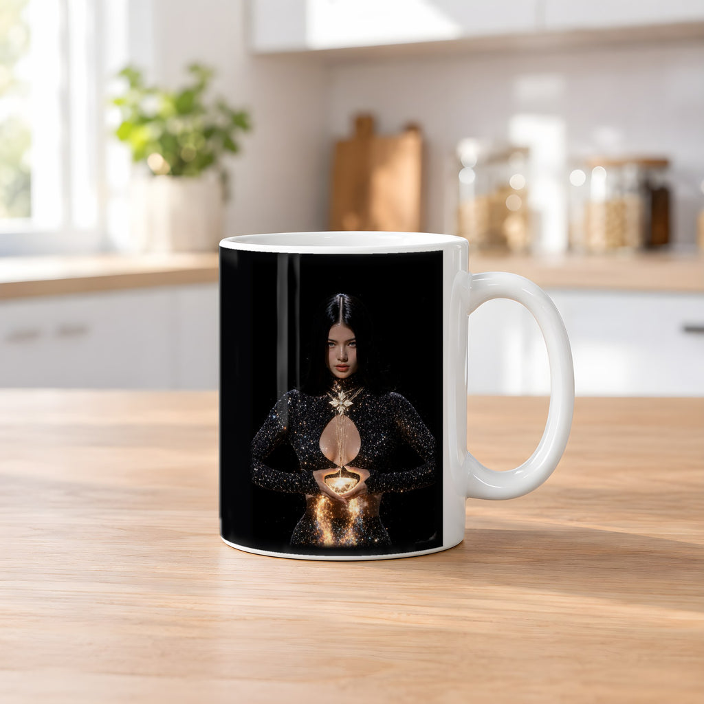 Lichtträgerin – weiße Tasse, auf dem Küchentresen