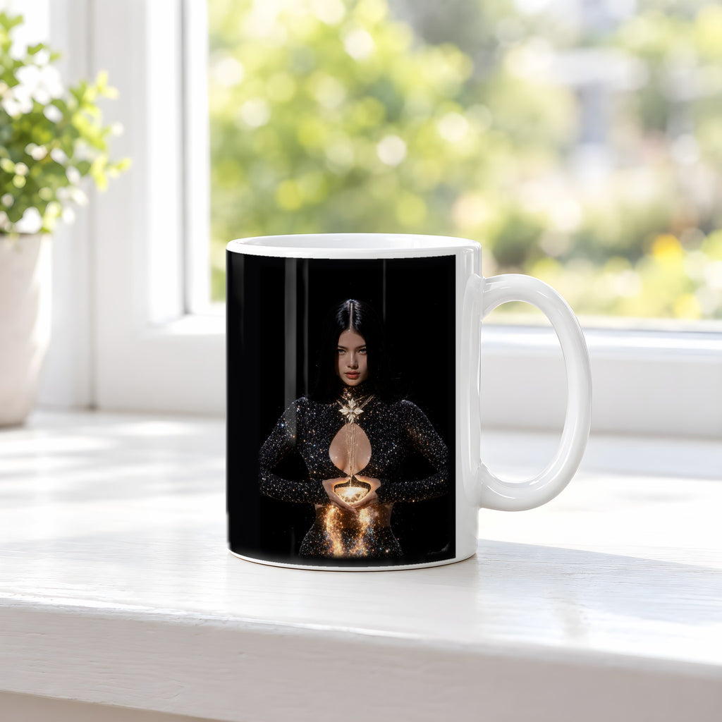 Lichtträgerin – weiße Tasse, auf der Fensterbank