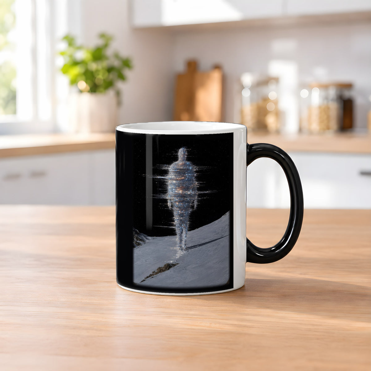 Frostgeist – Black Edition Zaubertasse mit Motiv (heiß), auf dem Küchentresen