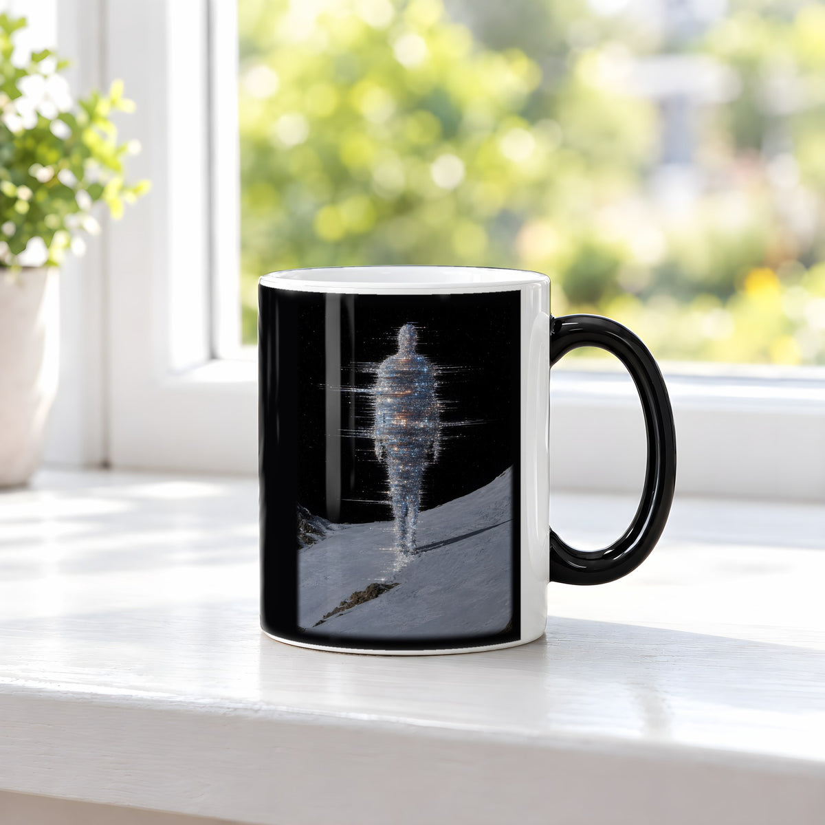 Frostgeist – Black Edition Zaubertasse mit Motiv (heiß), auf der Fensterbank