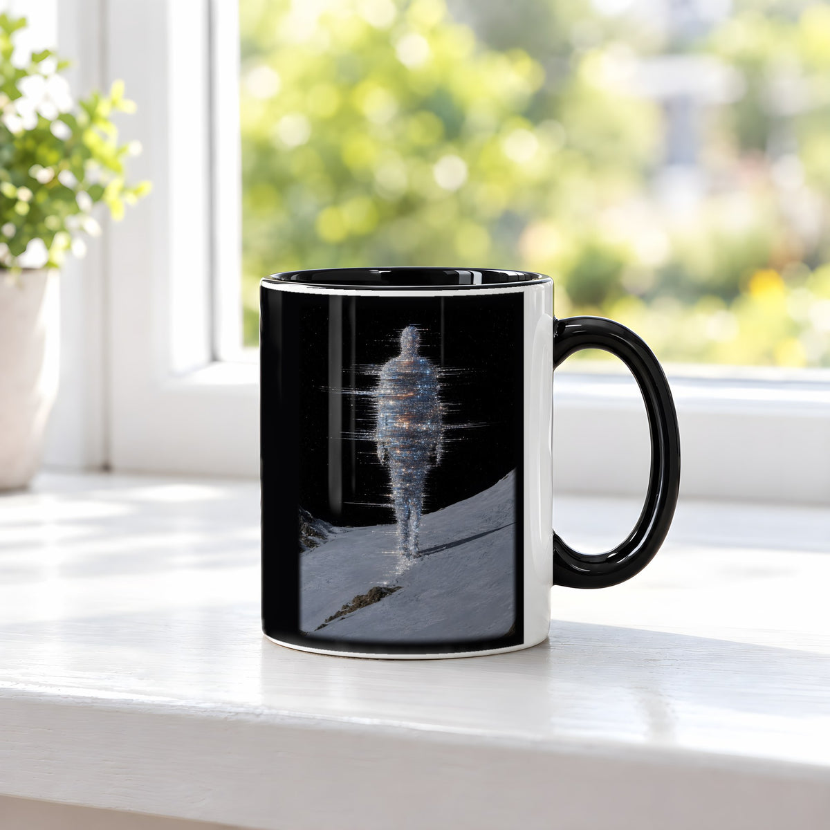 Frostgeist – Tasse innen schwarz, auf der Fensterbank