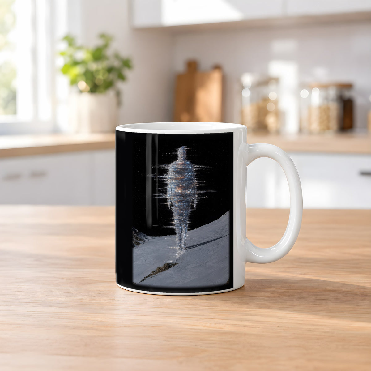 Frostgeist – weiße Tasse, auf dem Küchentresen