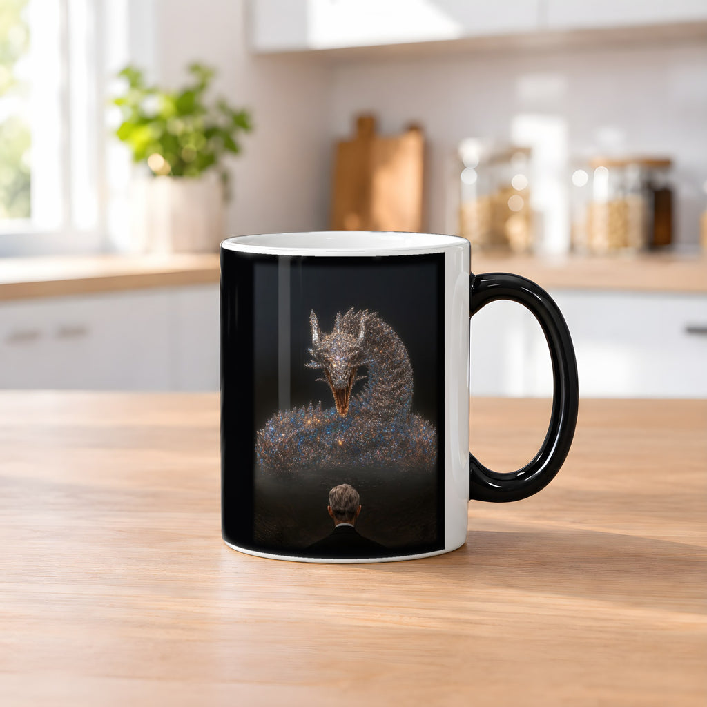 Der Silberdrache – Black Edition Zaubertasse mit Motiv (heiß), auf dem Küchentresen