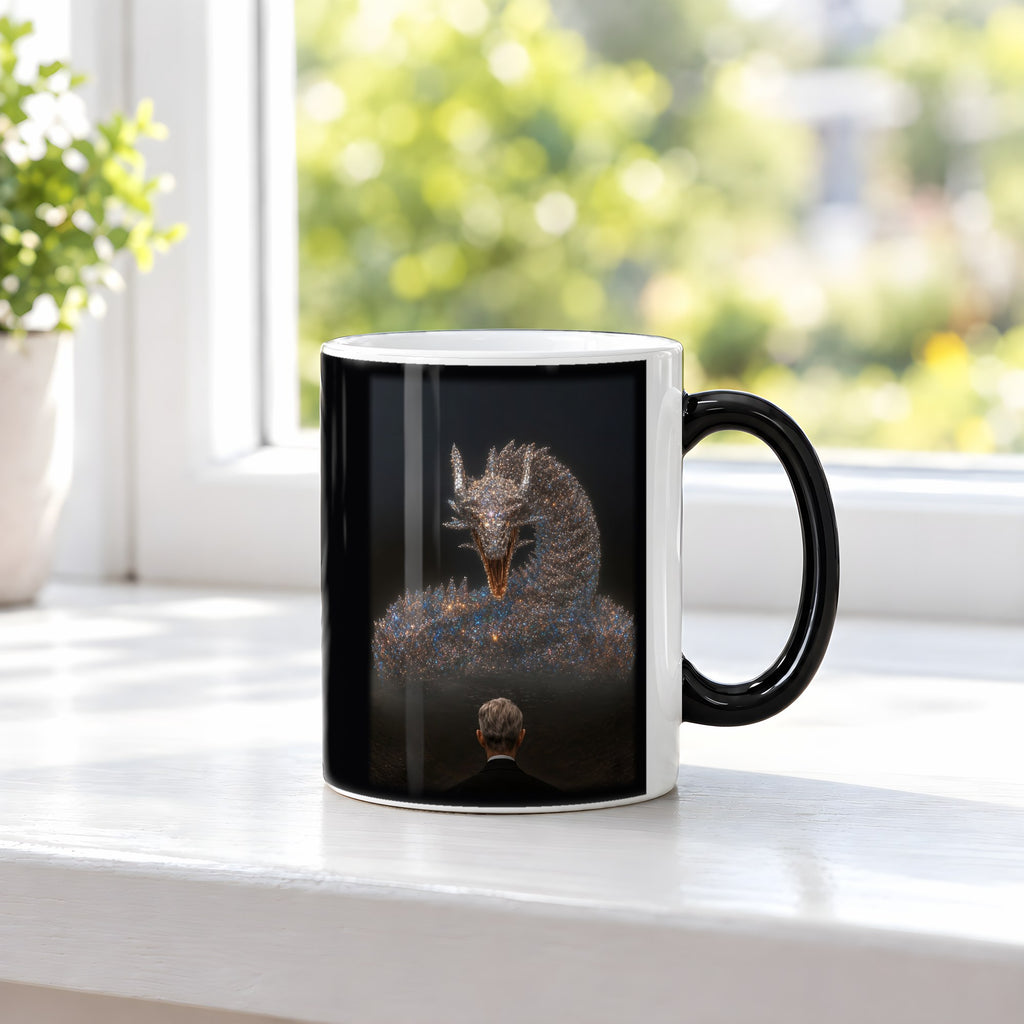Der Silberdrache – Black Edition Zaubertasse mit Motiv (heiß), auf der Fensterbank