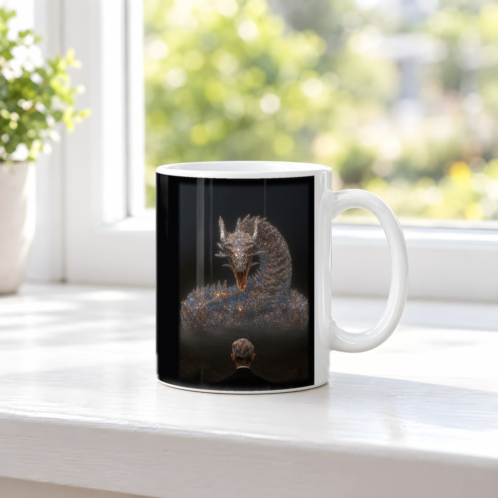 Der Silberdrache – weiße Tasse, auf der Fensterbank