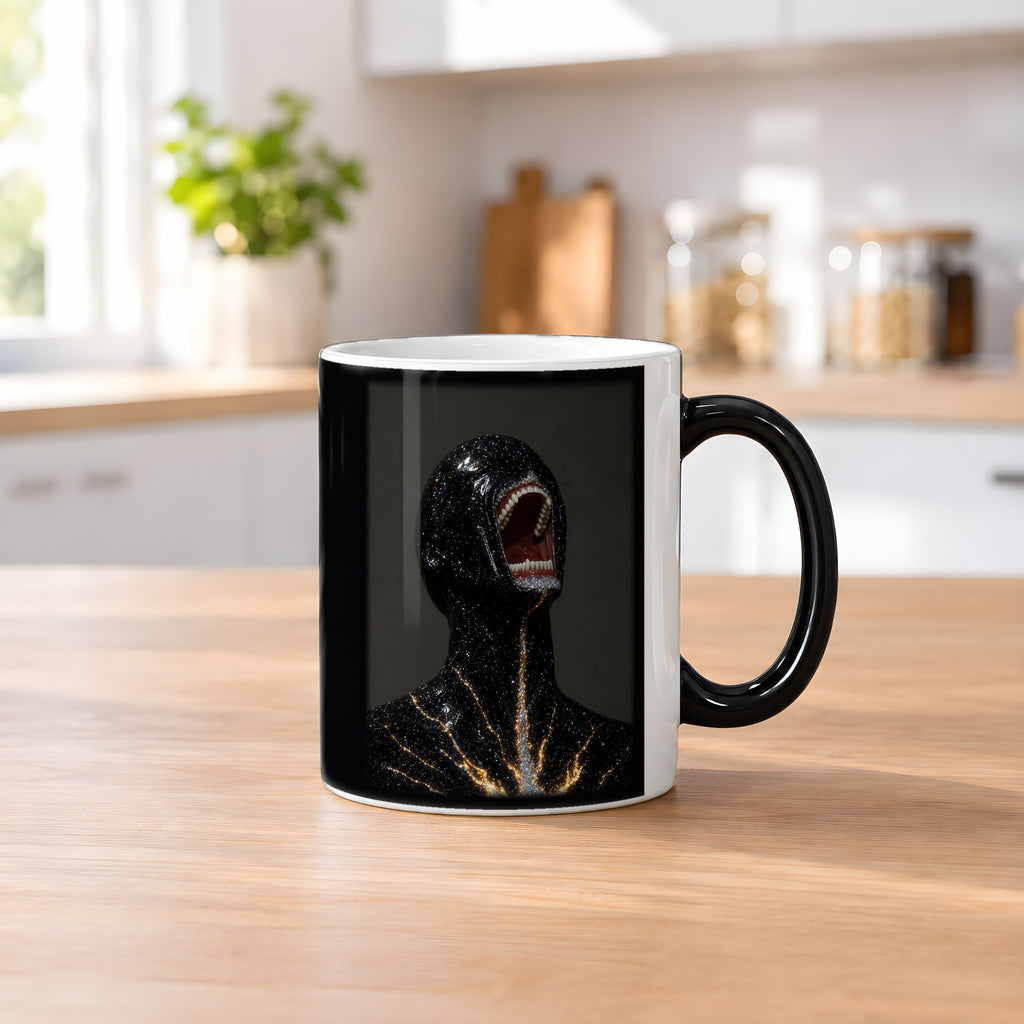 Sternenbruch – Black Edition Zaubertasse mit Motiv (heiß), auf dem Küchentresen