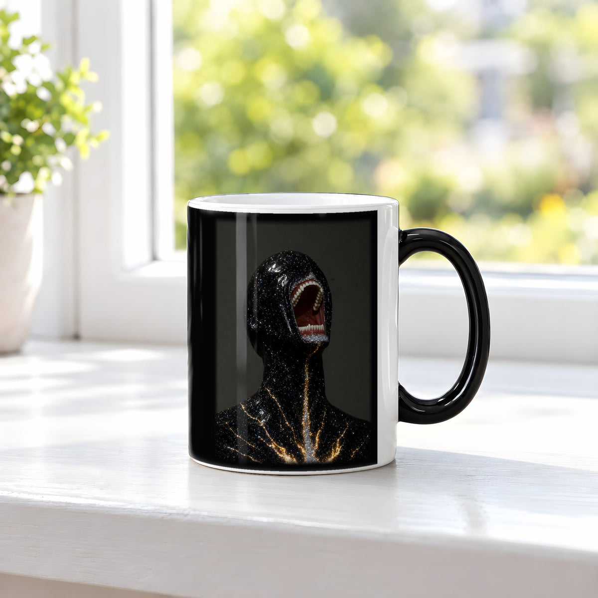 Sternenbruch – Black Edition Zaubertasse mit Motiv (heiß), auf der Fensterbank