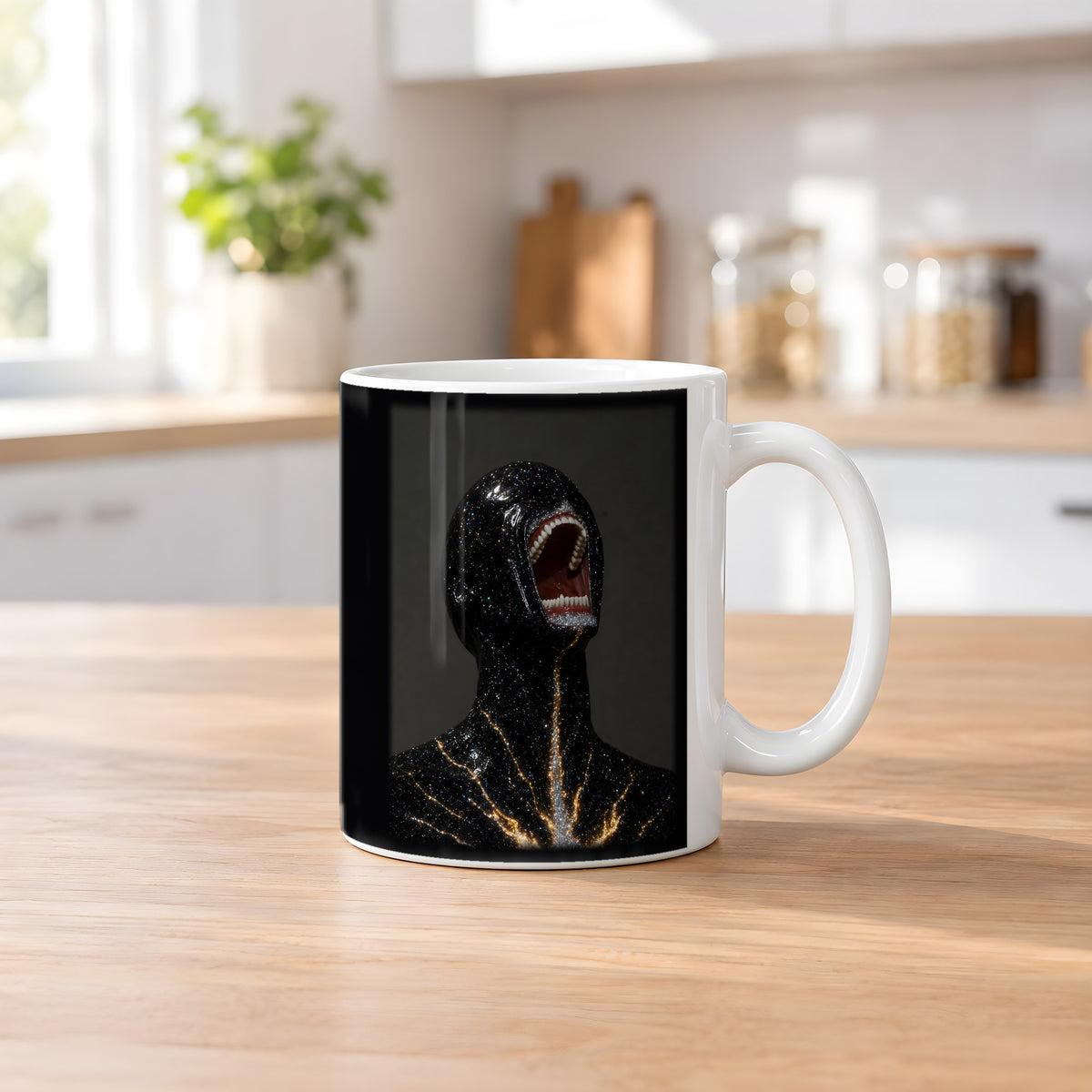 Sternenbruch – weiße Tasse, auf dem Küchentresen