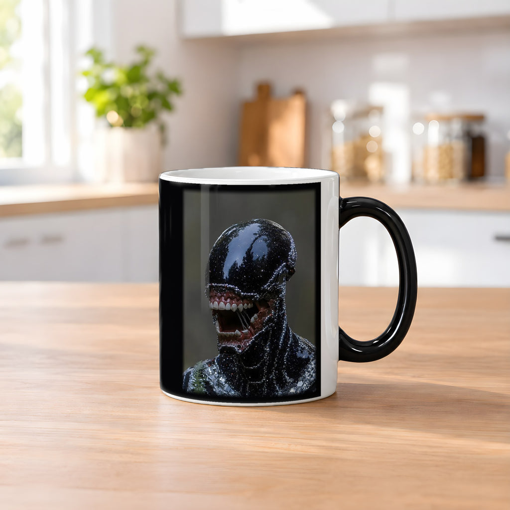 Der Schattenwandler – Black Edition Zaubertasse mit Motiv (heiß), auf dem Küchentresen
