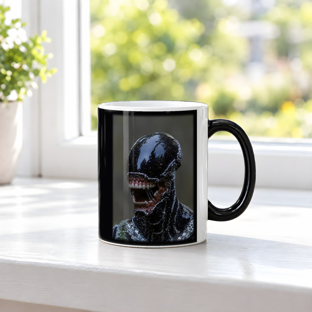 Der Schattenwandler – Black Edition Zaubertasse mit Motiv (heiß), auf der Fensterbank