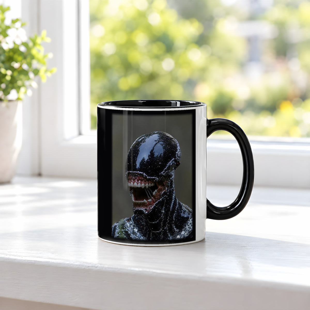 Der Schattenwandler – Tasse innen schwarz, auf der Fensterbank