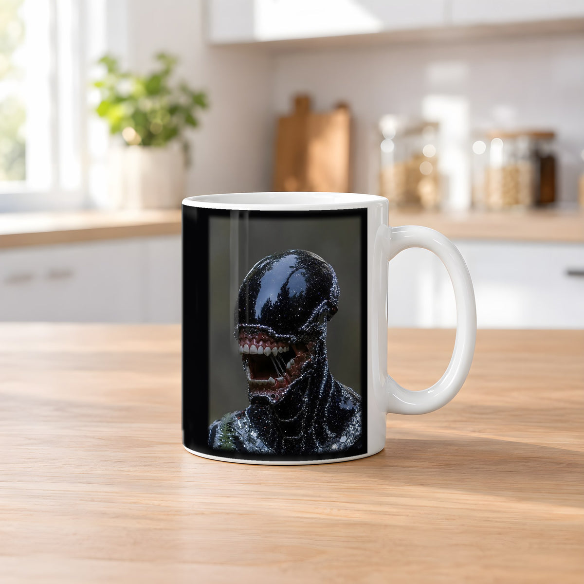 Der Schattenwandler – weiße Tasse, auf dem Küchentresen