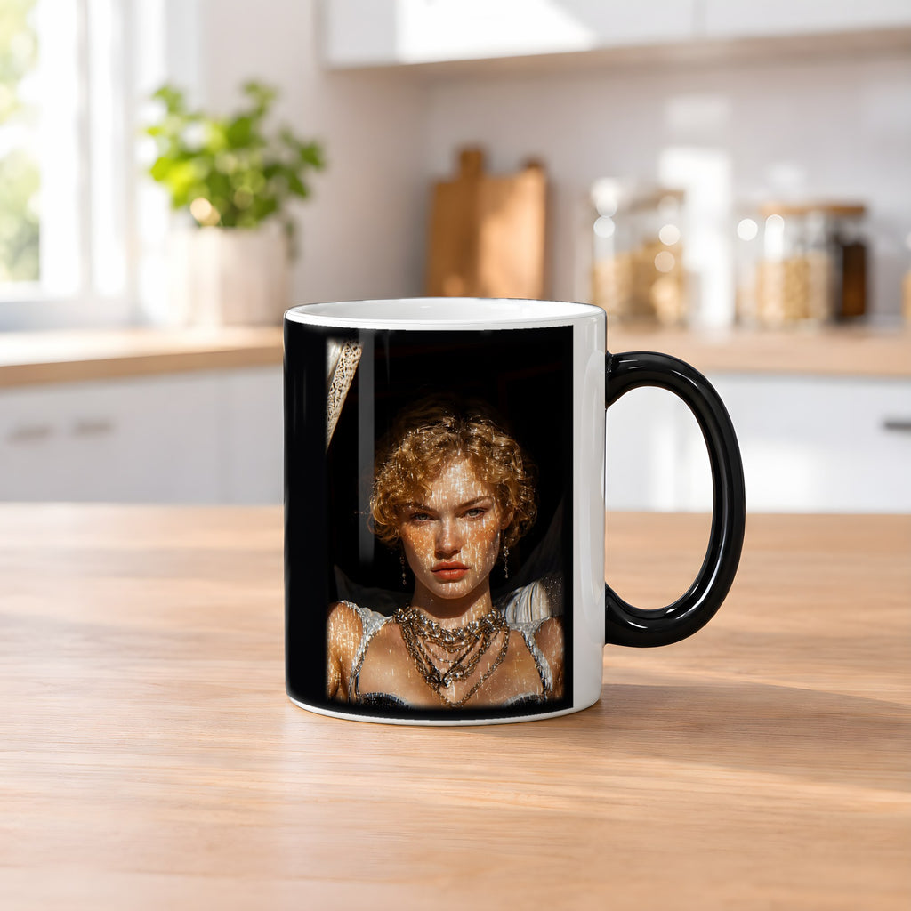 Nachtdiva – Black Edition Zaubertasse mit Motiv (heiß), auf dem Küchentresen