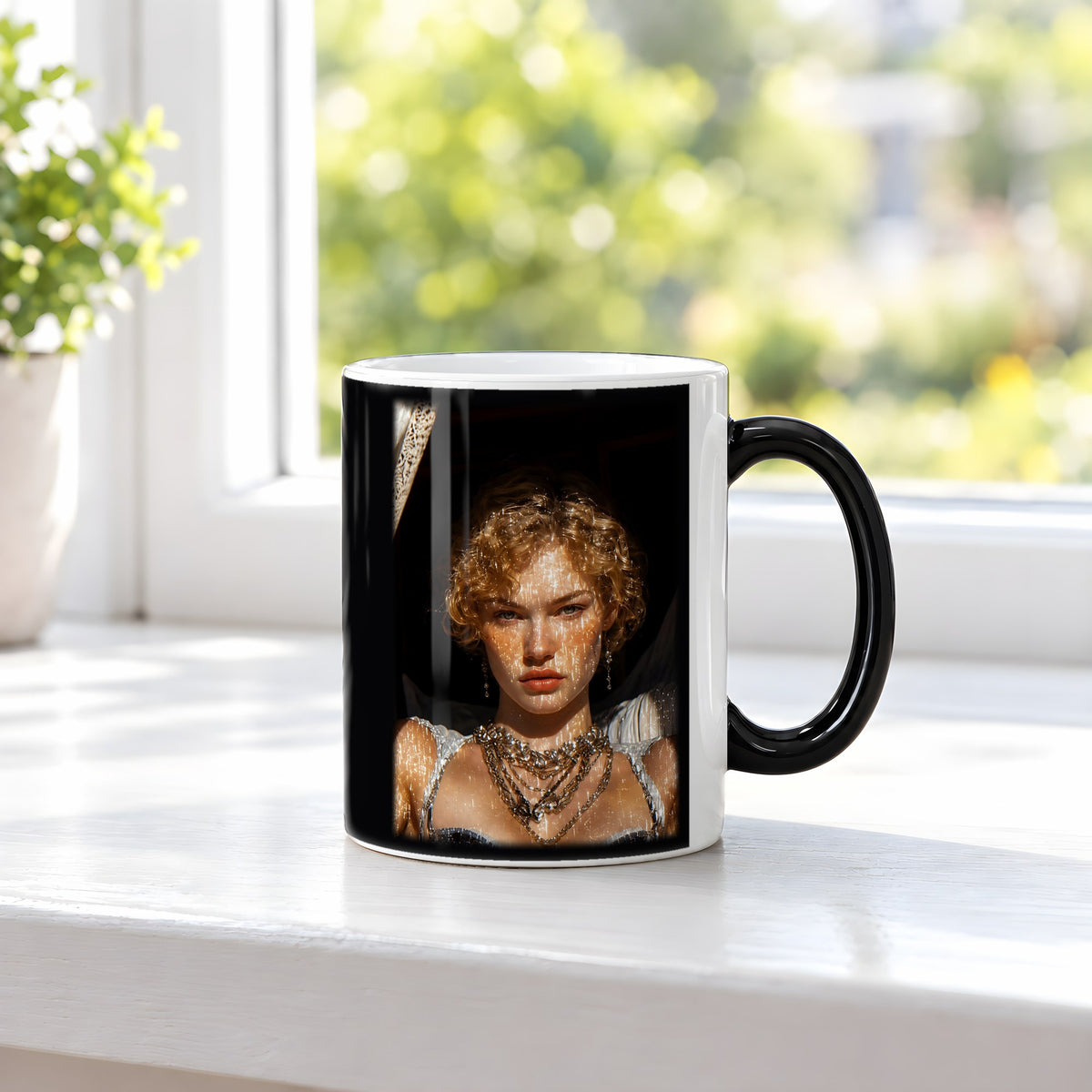 Nachtdiva – Black Edition Zaubertasse mit Motiv (heiß), auf der Fensterbank