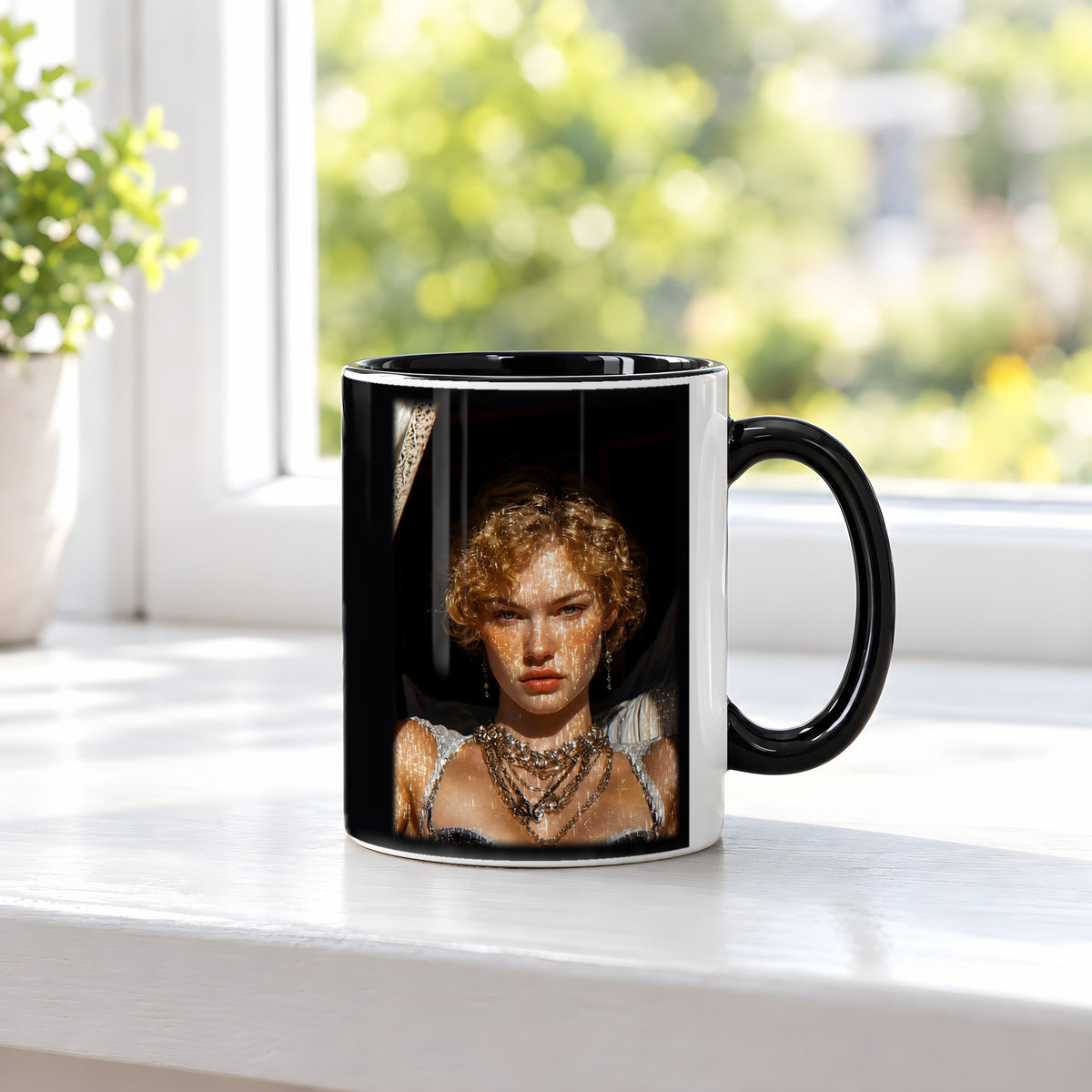 Nachtdiva – Tasse innen schwarz, auf der Fensterbank